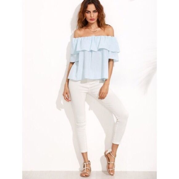 ✨Blue Striped Off The Shoulder Ruffle Blouse
✨ - Picture 1 of 4